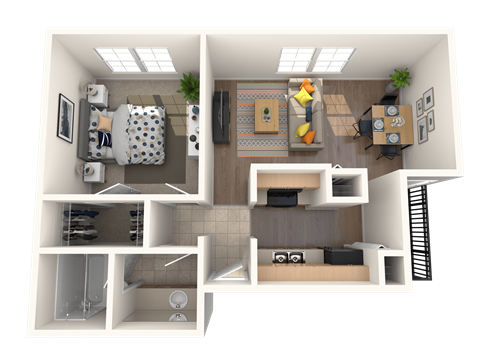 Floor plan for 1 bed, 1 bath, 691 sqft